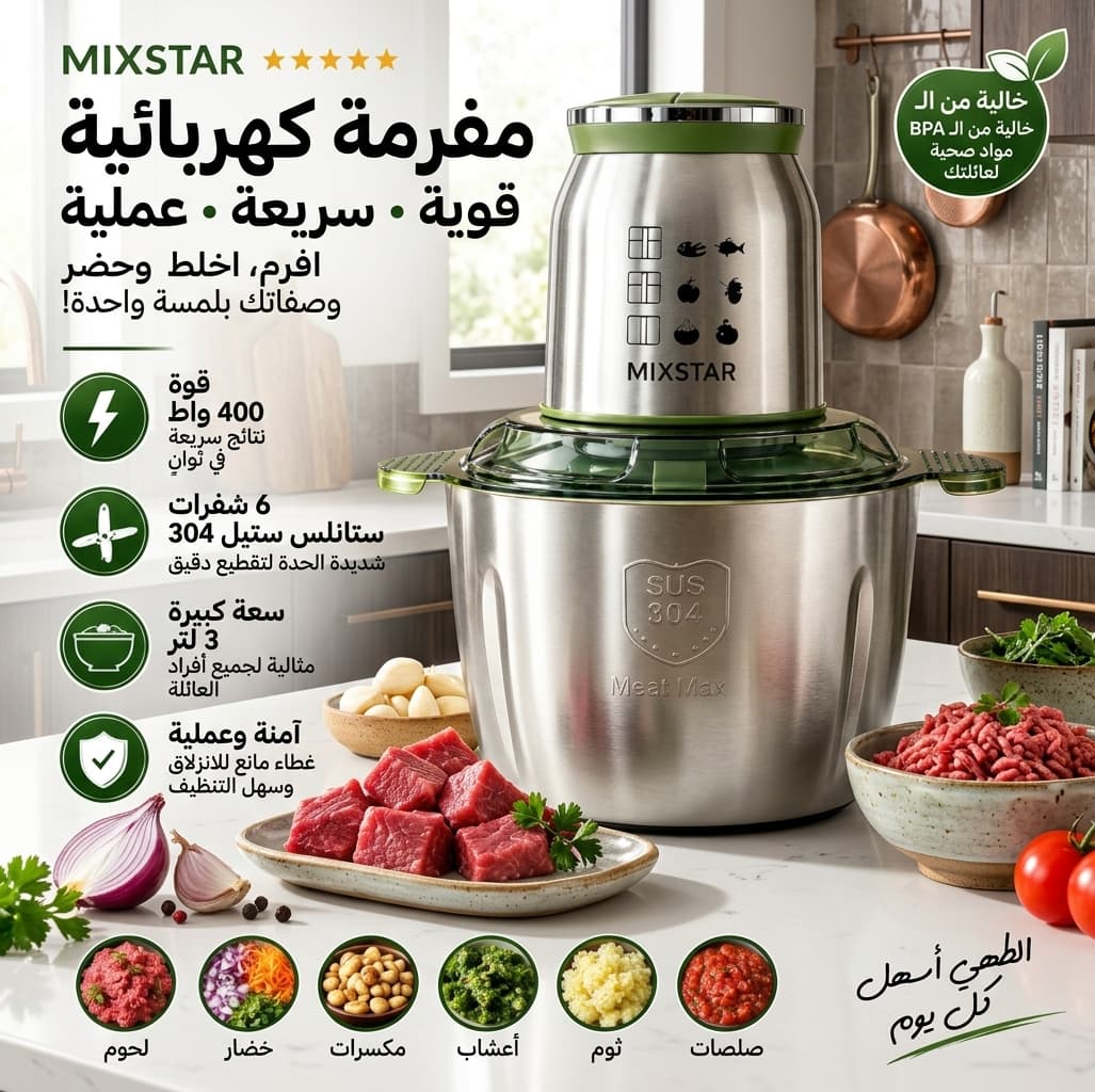 Hachoir Électrique MIXSTAR 3L – 400W | 6 Lames Inox
